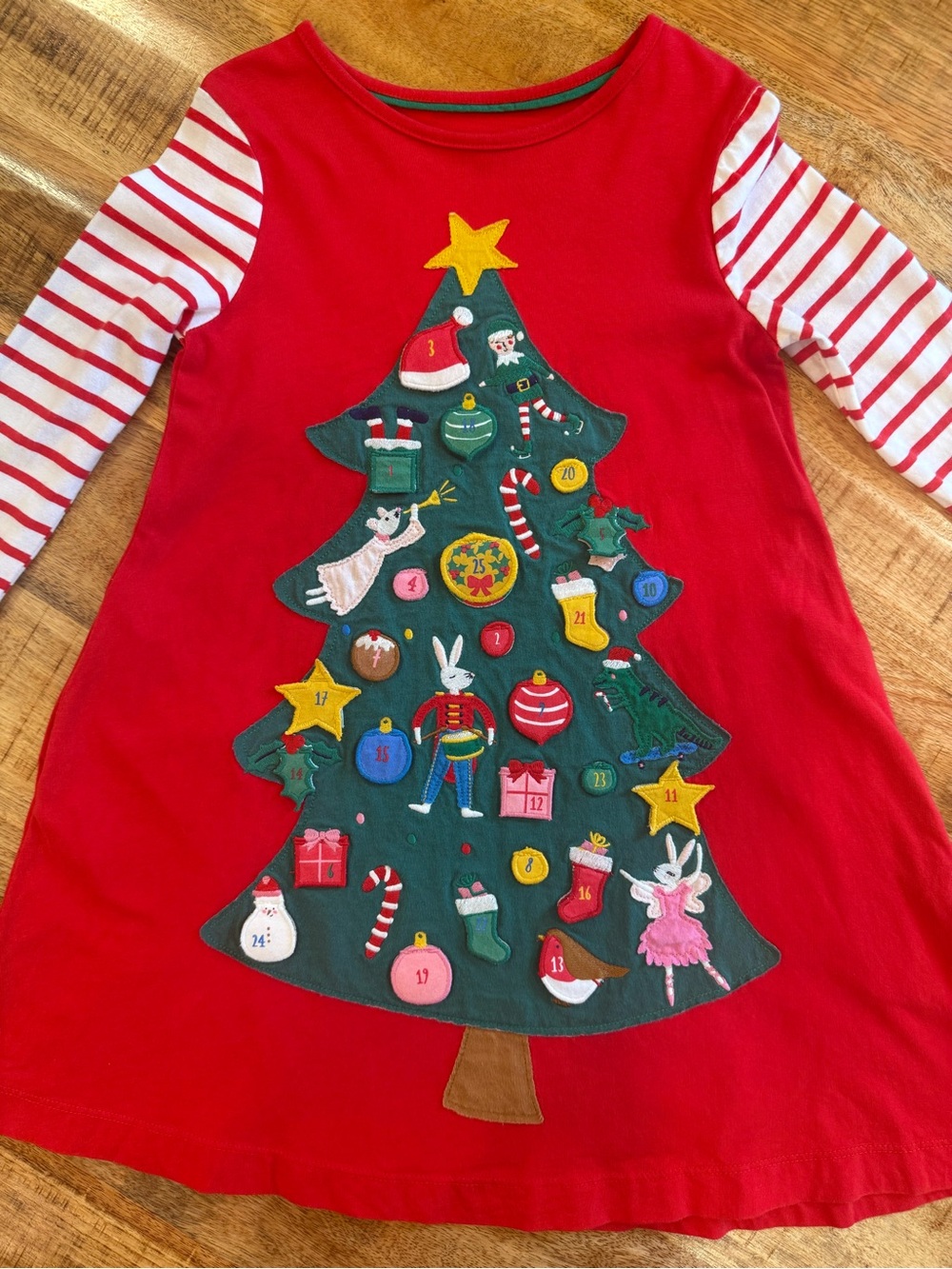 Mini Boden girls Christmas tree appliqué dress